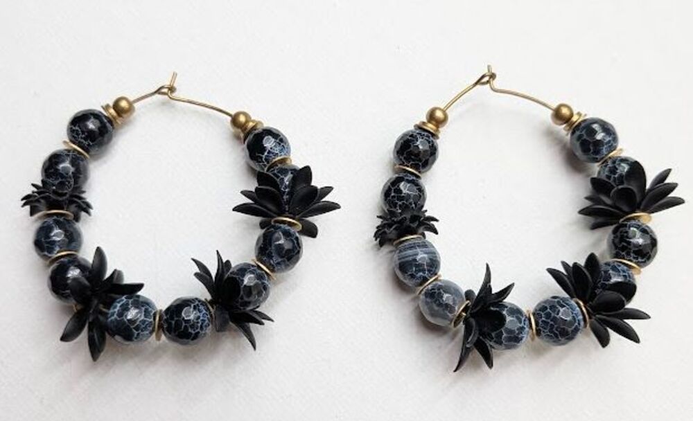 Anthropologie Hoop Earrings Black Gray Beaded Floral Gold Tone Statement Boho